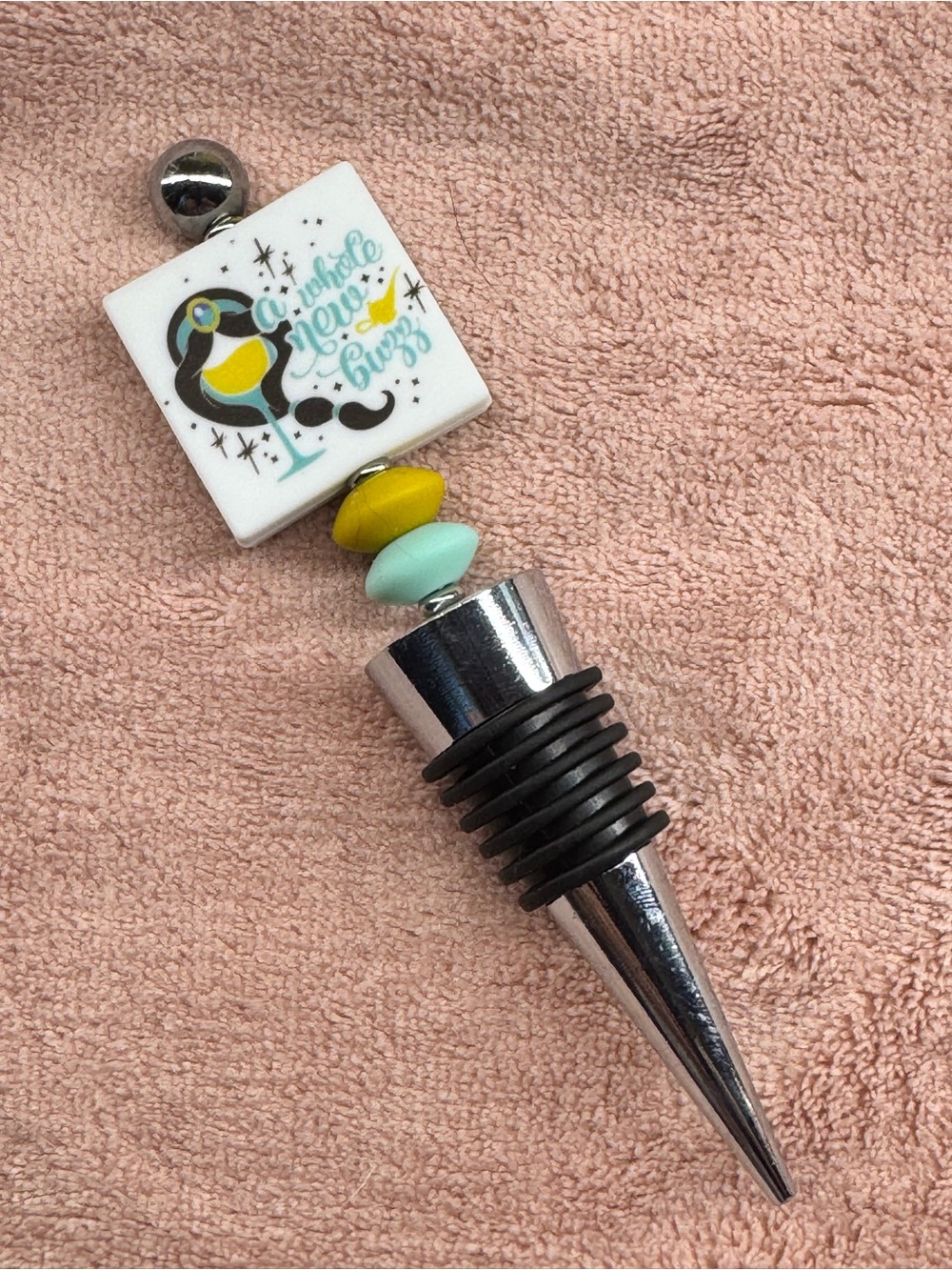 Fun “A Whole New Buzz” Novelty Wine Bottle Stopper – Yellow & Teal Accents